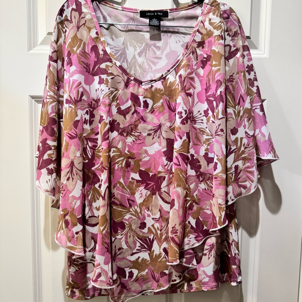 Adele & May Floral Chiffon Women’s Blouse top - Lavender &  Brown - Size M